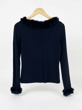 Vintage Joseph A Fur Trim Sweater Black Ribbed Knit Silk Like Y2K Whimsigoth M